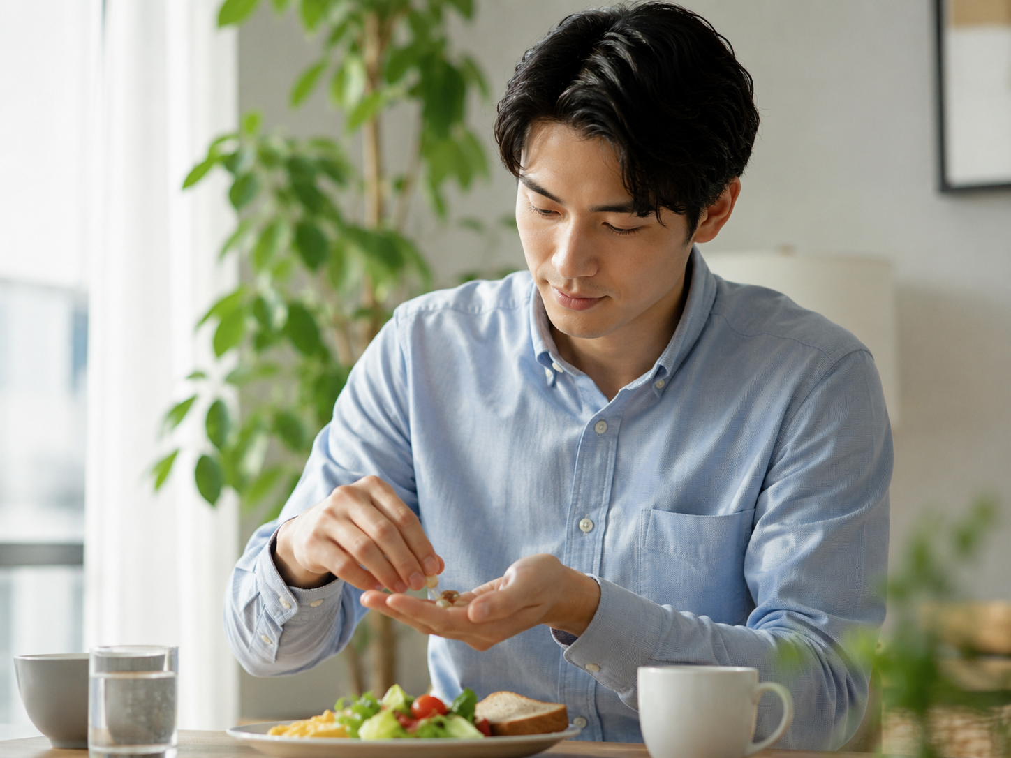 朝食後にサプリを飲む男性