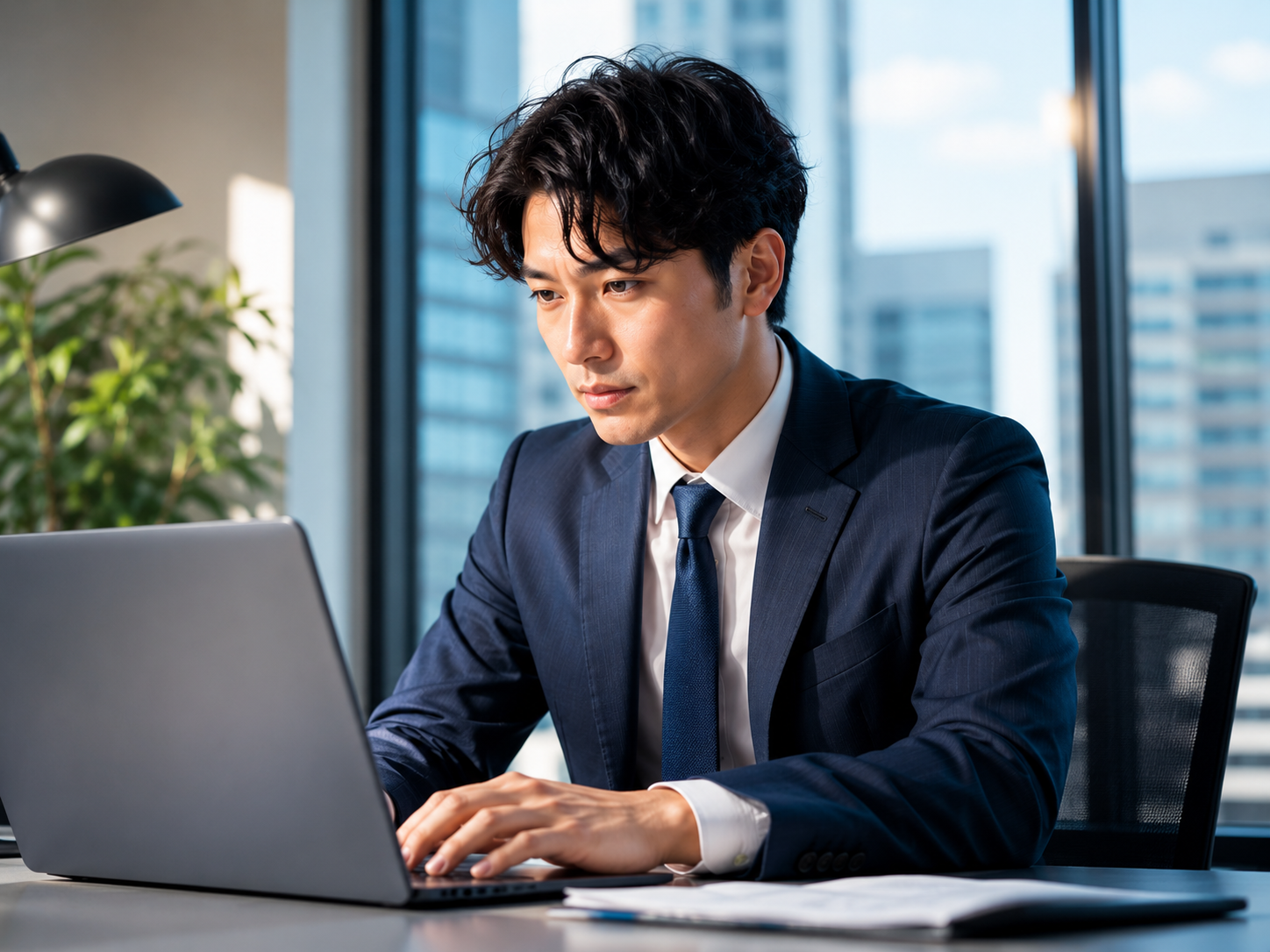 午後に集中して仕事をする男性