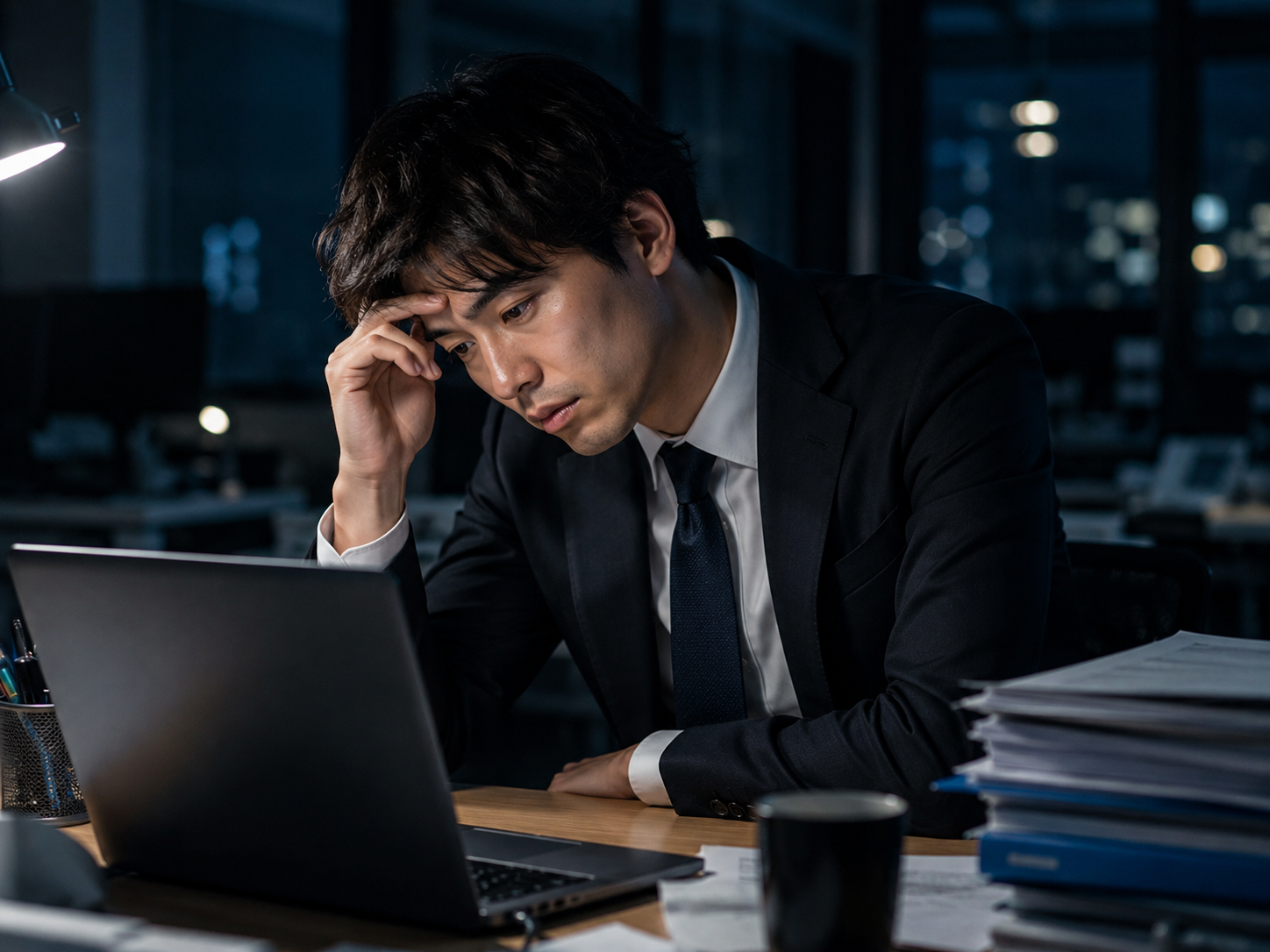 夜遅くまで働き疲れが残るビジネスマン